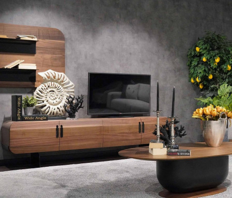 Living Room Wall Unit Complete Set Brown Furniture Wall Shelf New