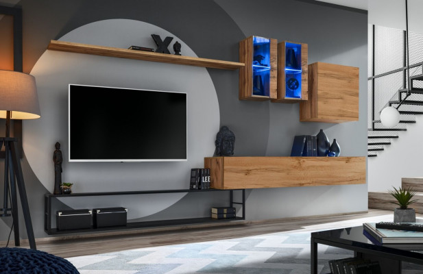Brown living room wall, designer sideboard, TV stand, luxury decor, complete new.