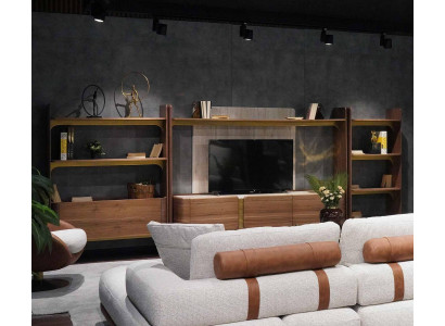 Luxury wall unit design living room set furniture brown wood bookshelf shelves