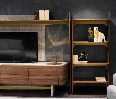 Luxury wall unit design living room set furniture brown wood bookshelf shelves