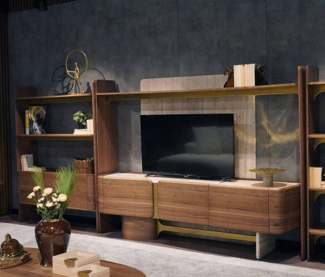 Luxury wall unit design living room set furniture brown wood bookshelf shelves