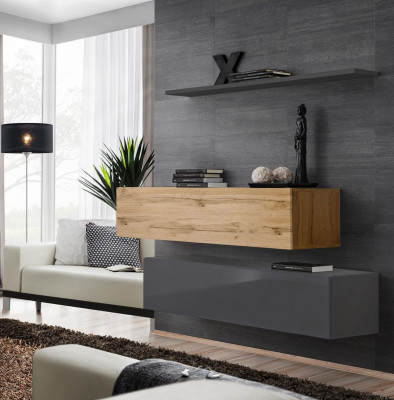 Living room wall unit set, 3-piece group, cabinet, wood furniture, wall shelf