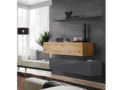Living room wall unit set, 3-piece group, cabinet, wood furniture, wall shelf