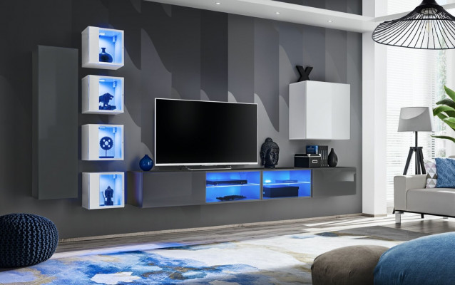 Living Room Wall Unit Gray Wall Shelves Cabinet Living Room Furniture Luxury 7-Piece Set