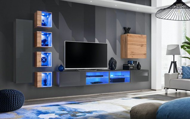 Living room wall unit grey modern furniture TV stand wall cabinet shelves