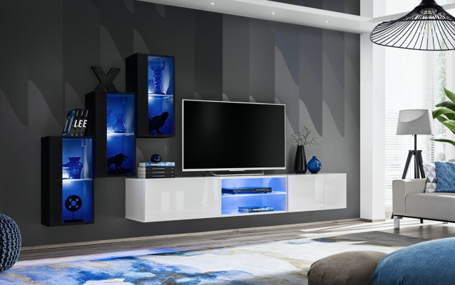 New Wall Unit Black 3x Wall Cabinet Furniture TV Stand Modern Set
