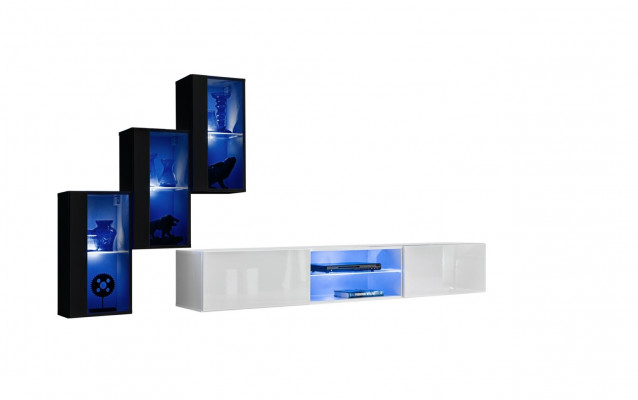 New Wall Unit Black 3x Wall Cabinet Furniture TV Stand Modern Set