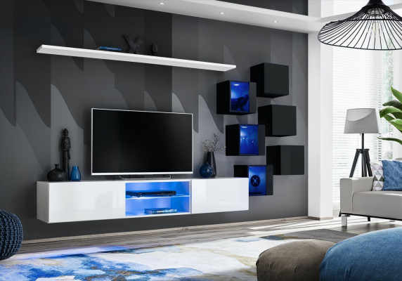 Furniture set, living room wall unit, 6x wall cabinet, wall shelves, sideboard, wooden furniture, new.