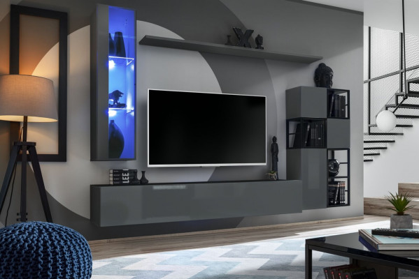 Designer Grey Living Room Wall Unit Hanging Display Cabinet TV Stand Complete High Gloss Sideboard