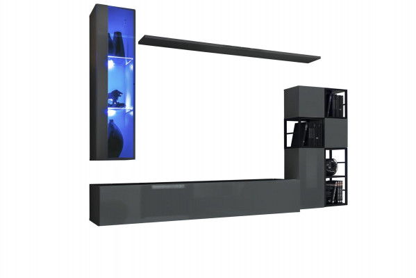 Designer Grey Living Room Wall Unit Hanging Display Cabinet TV Stand Complete High Gloss Sideboard