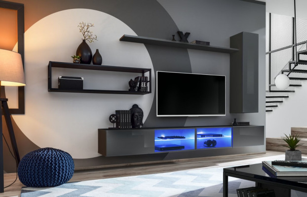 Gray Complete Wall Unit Living Room Furniture Luxury Wall Cabinet Wall Shelves New