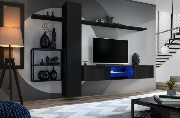 Black wall unit, wall shelves, living room furniture, luxury set, 5-piece