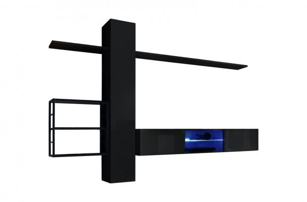 Black wall unit, wall shelves, living room furniture, luxury set, 5-piece