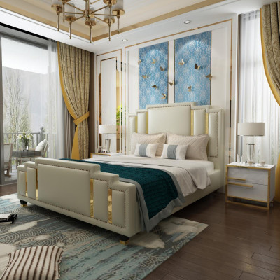 Leather bed upholstery design luxury double hotel bedroom beds