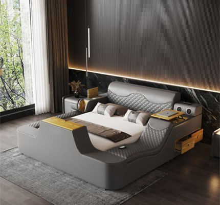 Double luxury leather bed massage cushioned beds modern hotel Bluetooth