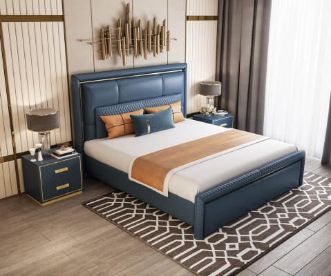 Bedroom set bed 2x nightstands 3-piece design modern luxury blue gold