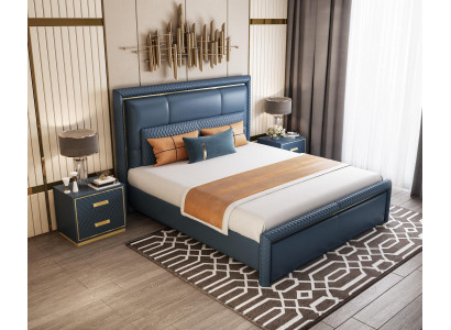 Bedroom set bed 2x nightstands 3-piece design modern luxury blue gold