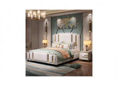 Luxury bedroom set design bed 2x bedside table wood complete 3 pieces