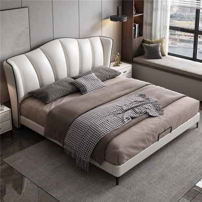 Bedroom bed leather luxury style double bed beige beds furniture furnishings