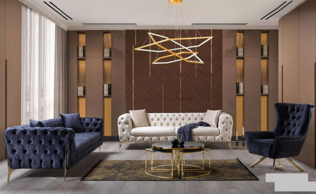 Chesterfield Wingback Armchair Fabric Blue Living Room Polyester Single Seater