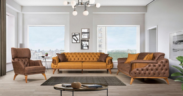 Three-seater sofa modern Chesterfield leather yellow design living room