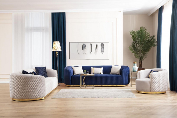 Sofa set three-seater armchair stainless steel furniture fabric seat blue 3+3+1