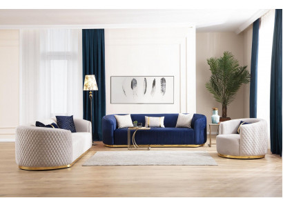 Sofa set three-seater armchair stainless steel furniture fabric seat blue 3+3+1