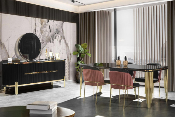 Dining room black gold dining set furniture dining nook chairs sideboard 6-piece set