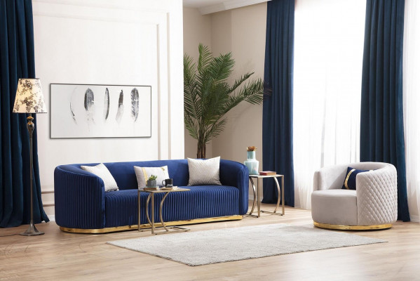 Sofa set three-seater armchair stainless steel furniture fabric seat blue 3+3+1