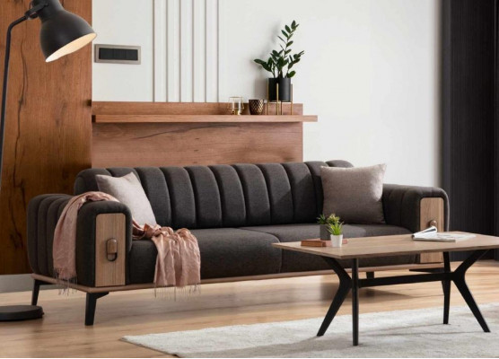 Stylish three-seater modern living room furniture gray wooden furniture couches