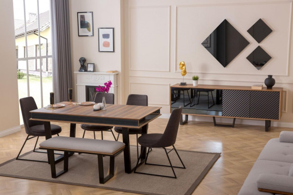 Dining room set: dining table, 4 chairs, bench, sideboard, dining group, 3 mirrors, 10-piece set