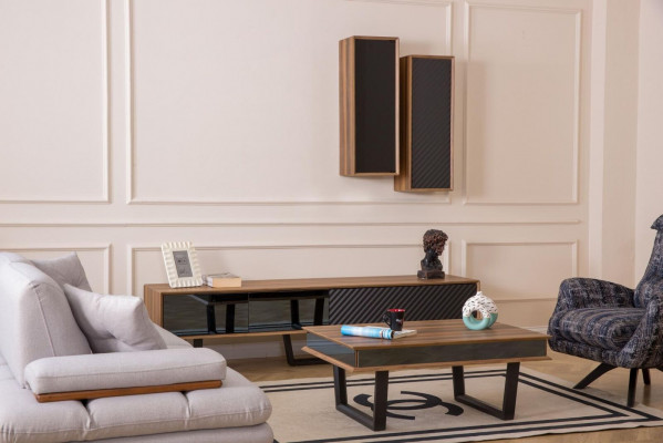 Living room wall unit set, TV stand, 2 wall-mounted cabinets, designer living room walls