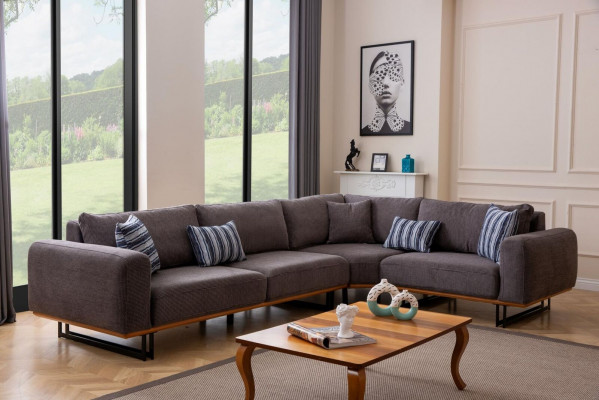 Designer sofa L-shape upholstery textile modern brown luxury living landscape