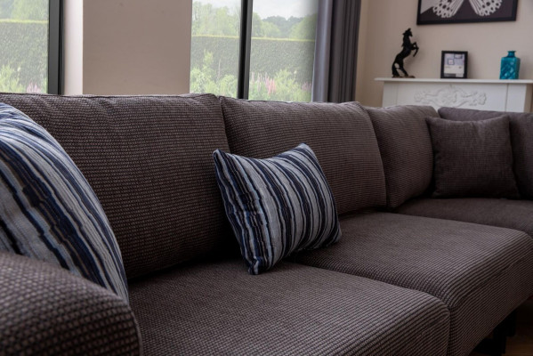 Designer sofa L-shape upholstery textile modern brown luxury living landscape