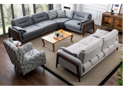 Living Room Set L-Shaped Corner Sofa Couch Grey Upholstery 3+1 Seater Fabric