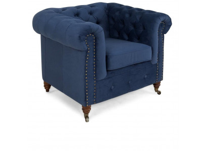 Designer Chair 1 Seater Blue Leather Textile Luxury Club Lounge Sofa Chesterfield