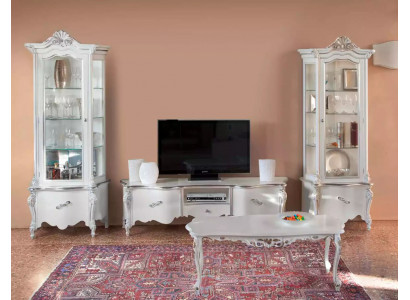 White living room set TV-stand coffee table 2x display cabinet luxury wooden furniture
