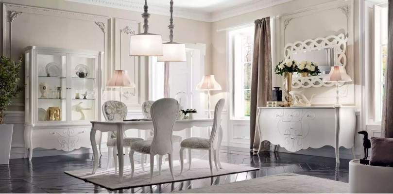 Dining room set, 8 pieces. Dining table, 4 chairs, sideboard, mirror, white furniture set.