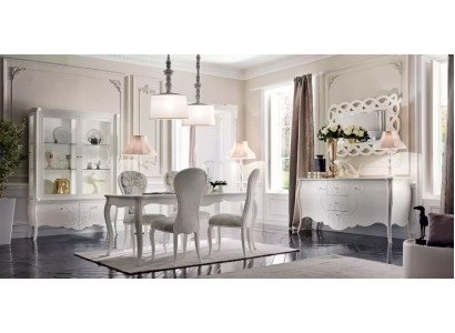 Dining room set, 8 pieces. Dining table, 4 chairs, sideboard, mirror, white furniture set.