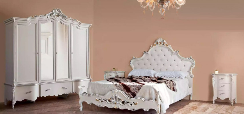 White bedroom set, classic bed, 2x nightstands, wardrobe