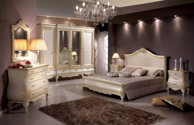 Bedroom set: bed, 2x nightstands, wardrobe, dresser, mirror