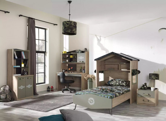 Desk set wooden table bookshelf green children's room