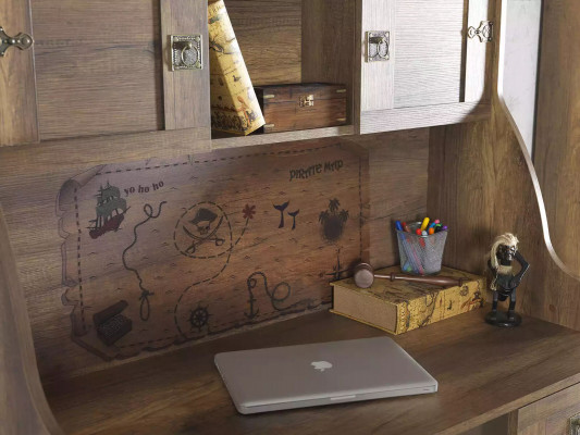 Pirate Wooden Desk Set with Bookshelf, Brown, Children's Room