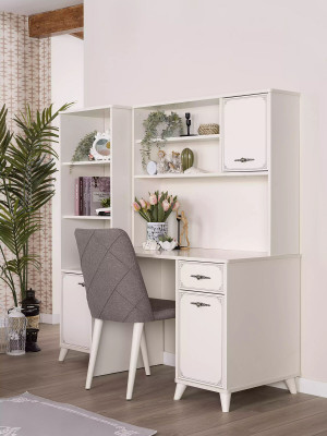 Group Computer Desk Writing Desk Set Wood Bookshelf White 3-Piece Shelf