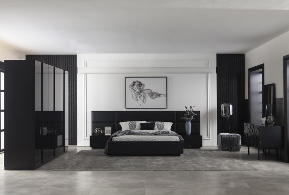 Black bedroom luxury furniture wardrobe dresser nightstands 5-piece set.