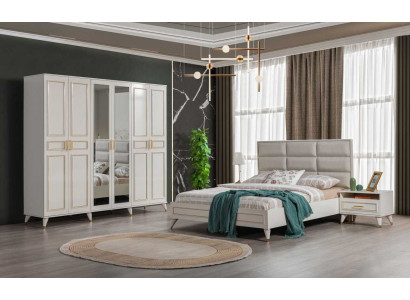 White bedroom furniture wood glass cabinet textile double bed nightstands