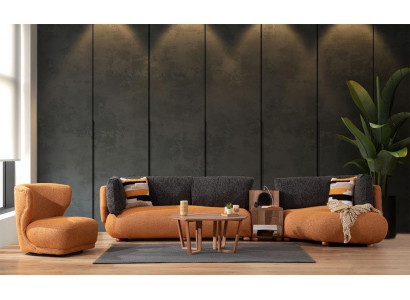 Orange living room set stylish L-shaped couch designer upholstered armchair