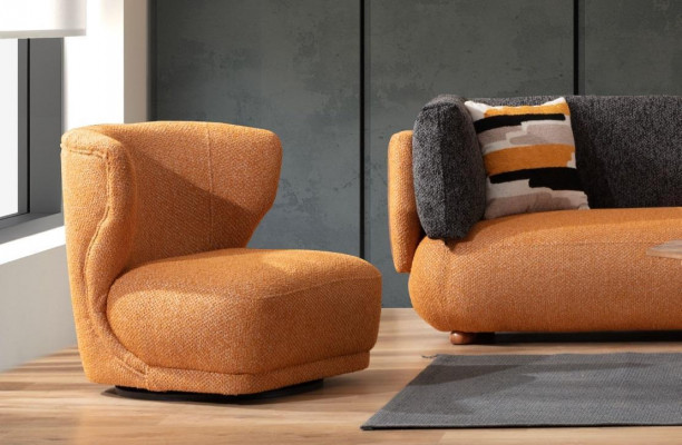 Orange living room set stylish L-shaped couch designer upholstered armchair
