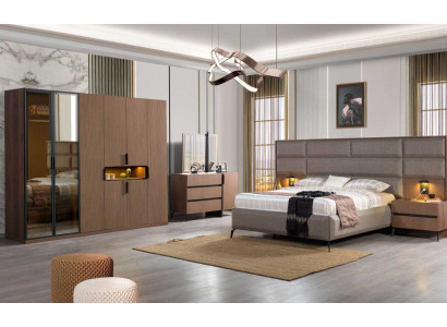 Brown bedroom wooden furniture textile bed nightstands dresser wardrobe