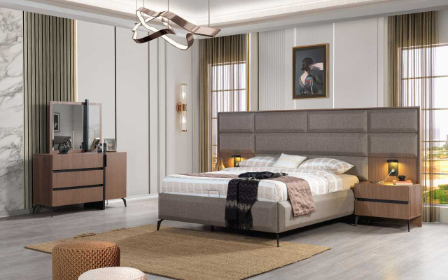 Brown bedroom wooden furniture textile bed nightstands dresser wardrobe